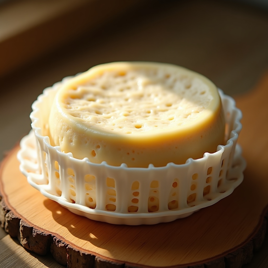 Świeży ser camembert w foremce podczas warsztatu serowarskiego