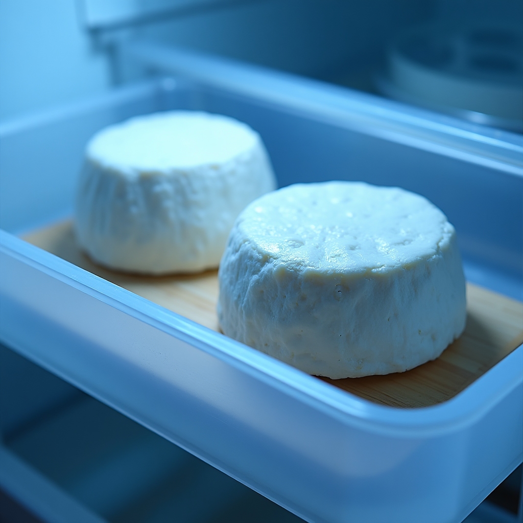 Dojrzewające serki camembert w pojemniku w lodówce domowej, biały nalot pleśni
