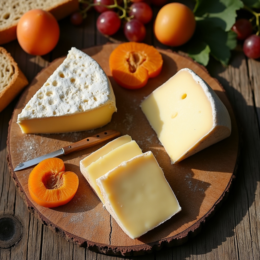 Stół degustacyjny z dojrzałymi serami camembert i brie, pieczywo i owoce