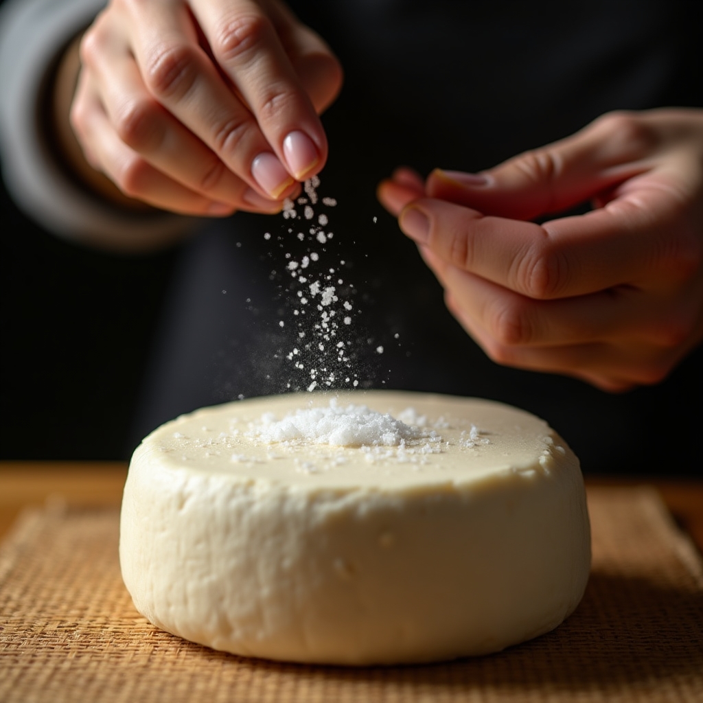 Solenie powierzchni sera camembert suchą solą podczas warsztatu